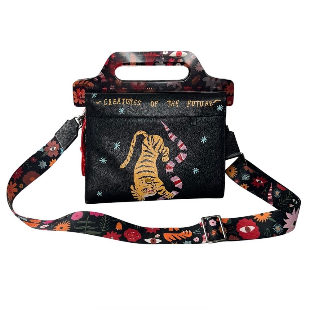 Min & Mon Vali Black Leather Crossbody Handbag Plastic Handle Tiger & Snake